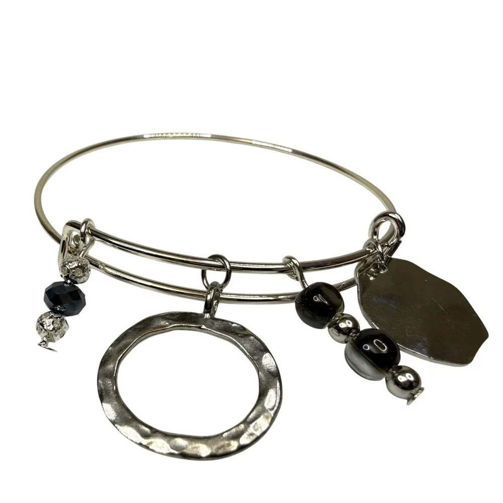 Expandable Silver Tone Bangle Bracelet with Black & Smoky Bead Charms